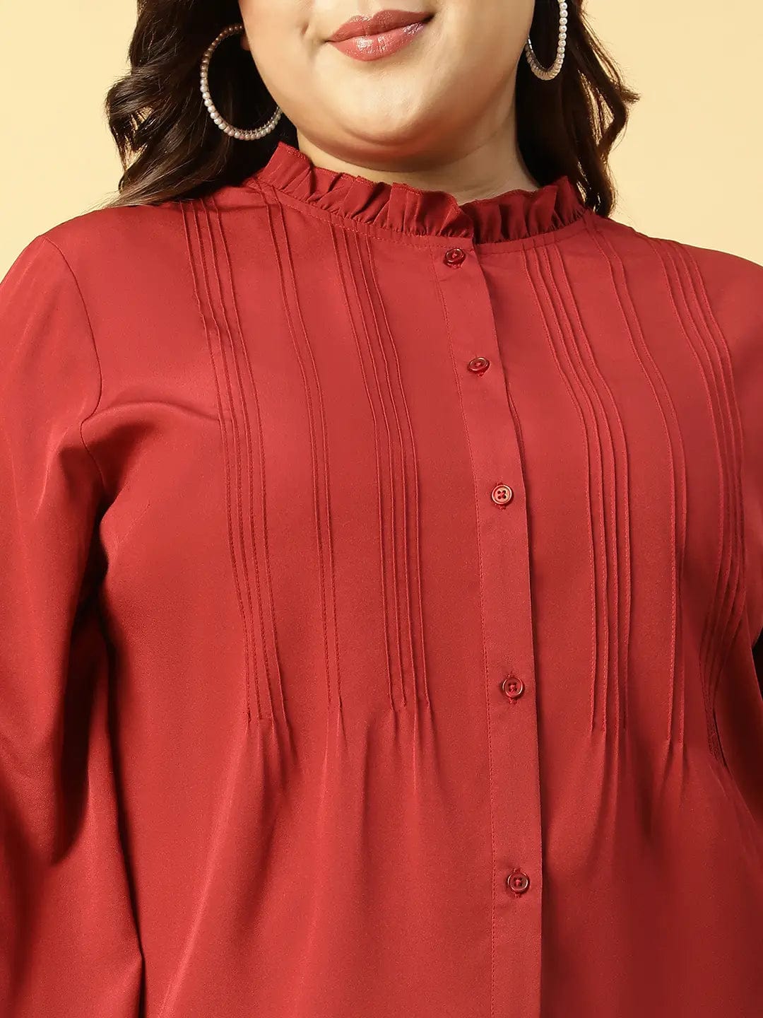 Trendy Maroon Long Sleeve Button Down Plus Size Women Shirt