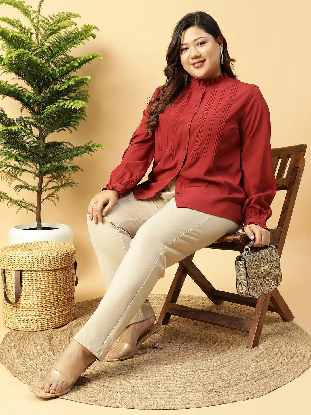 Trendy Maroon Long Sleeve Button Down Plus Size Women Shirt