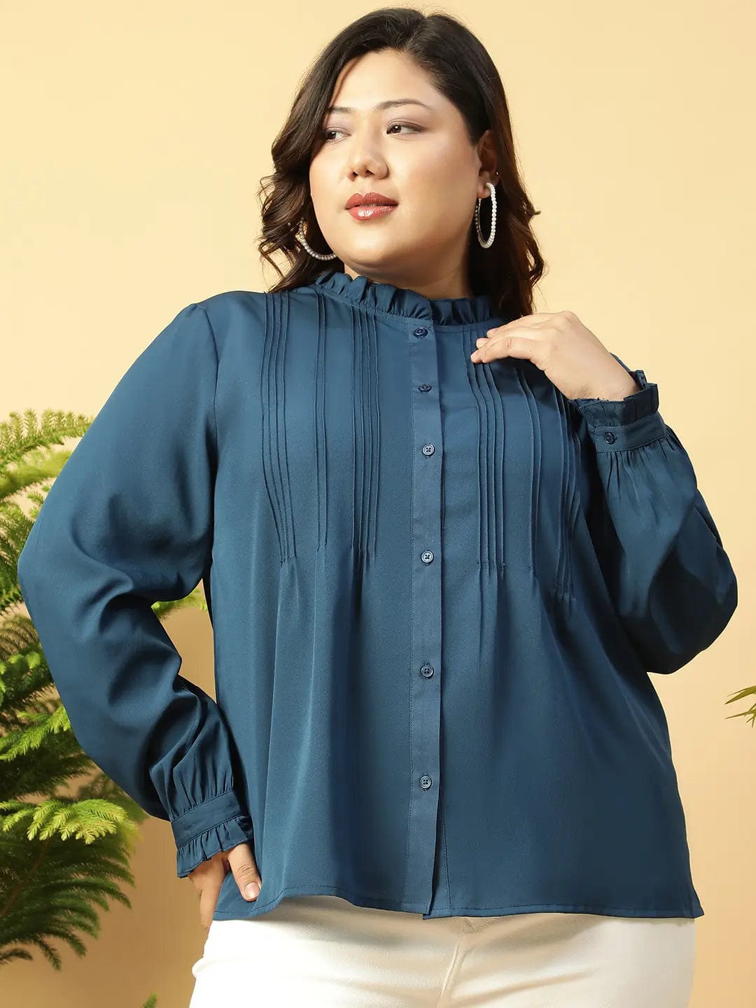 Beauty Blue Long Sleeve Button Down Plus Size Women Shirt