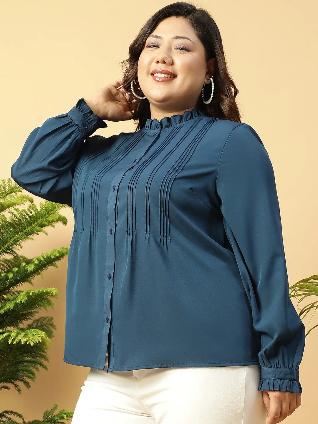 Beauty Blue Long Sleeve Button Down Plus Size Women Shirt