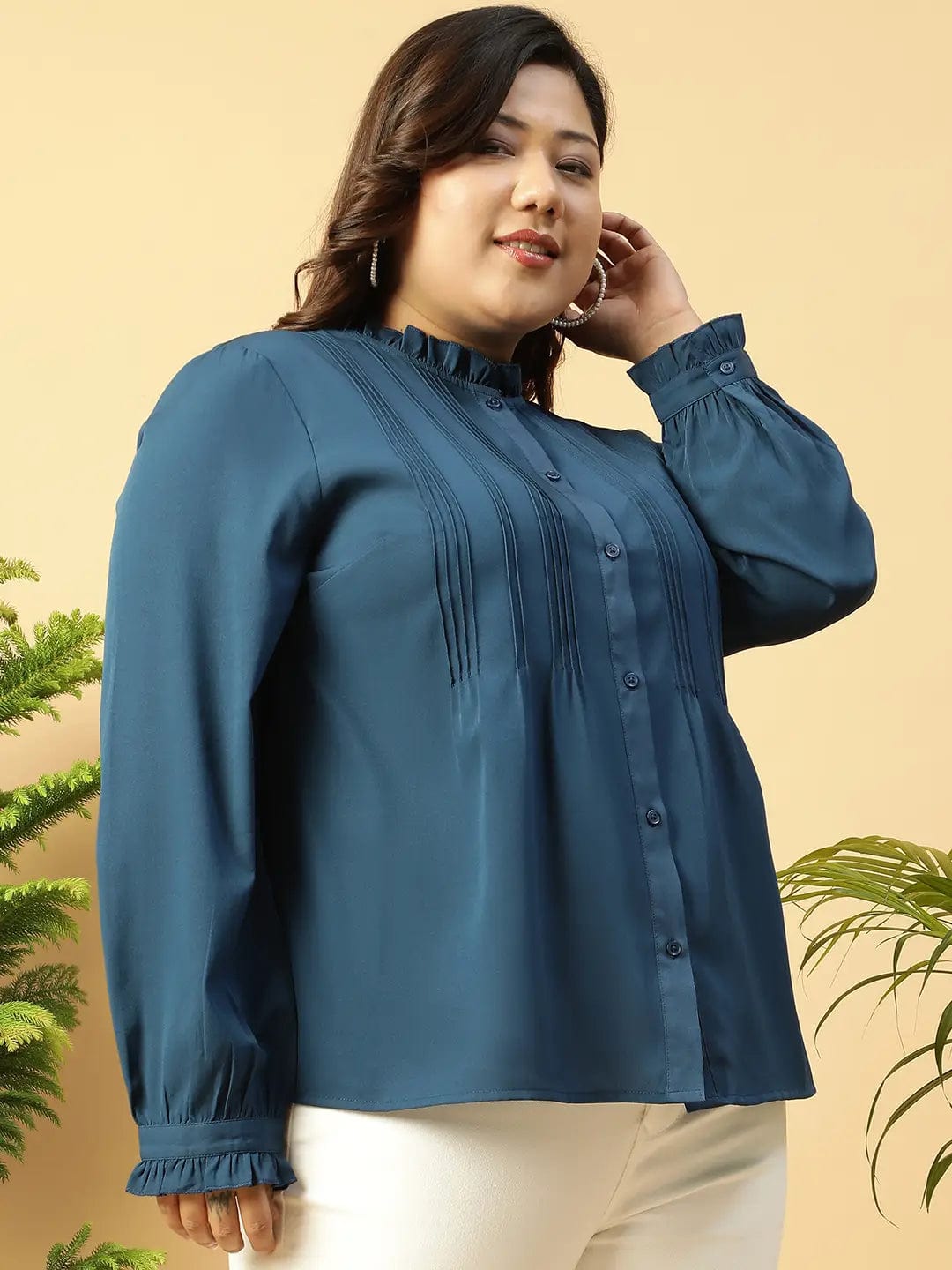 Beauty Blue Long Sleeve Button Down Plus Size Women Shirt