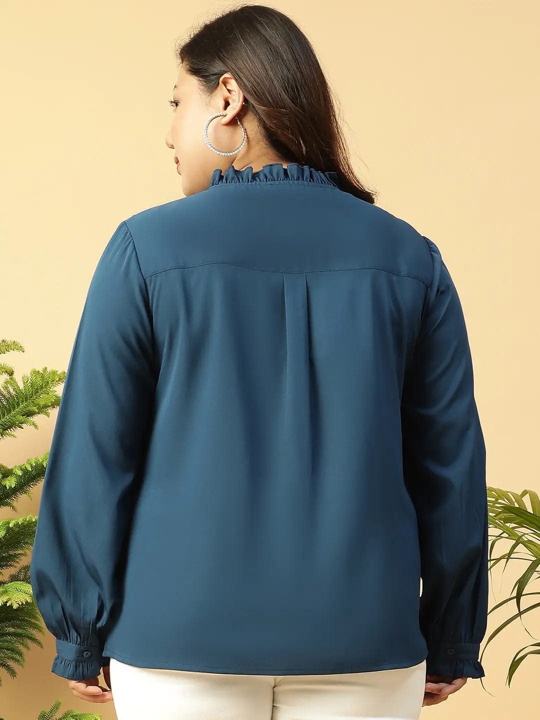 Beauty Blue Long Sleeve Button Down Plus Size Women Shirt