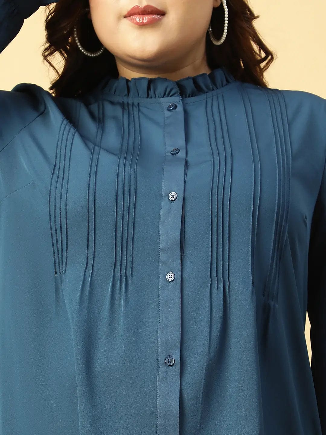 Beauty Blue Long Sleeve Button Down Plus Size Women Shirt