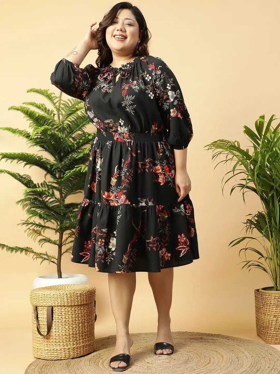 Livery Black Tropical rayon Print 3/4 Sleeve Smocked Elasticated Plus Size Women Dress