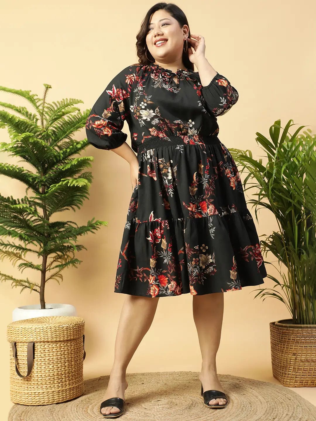 Livery Black Tropical rayon Print 3/4 Sleeve Smocked Elasticated Plus Size Women Dress