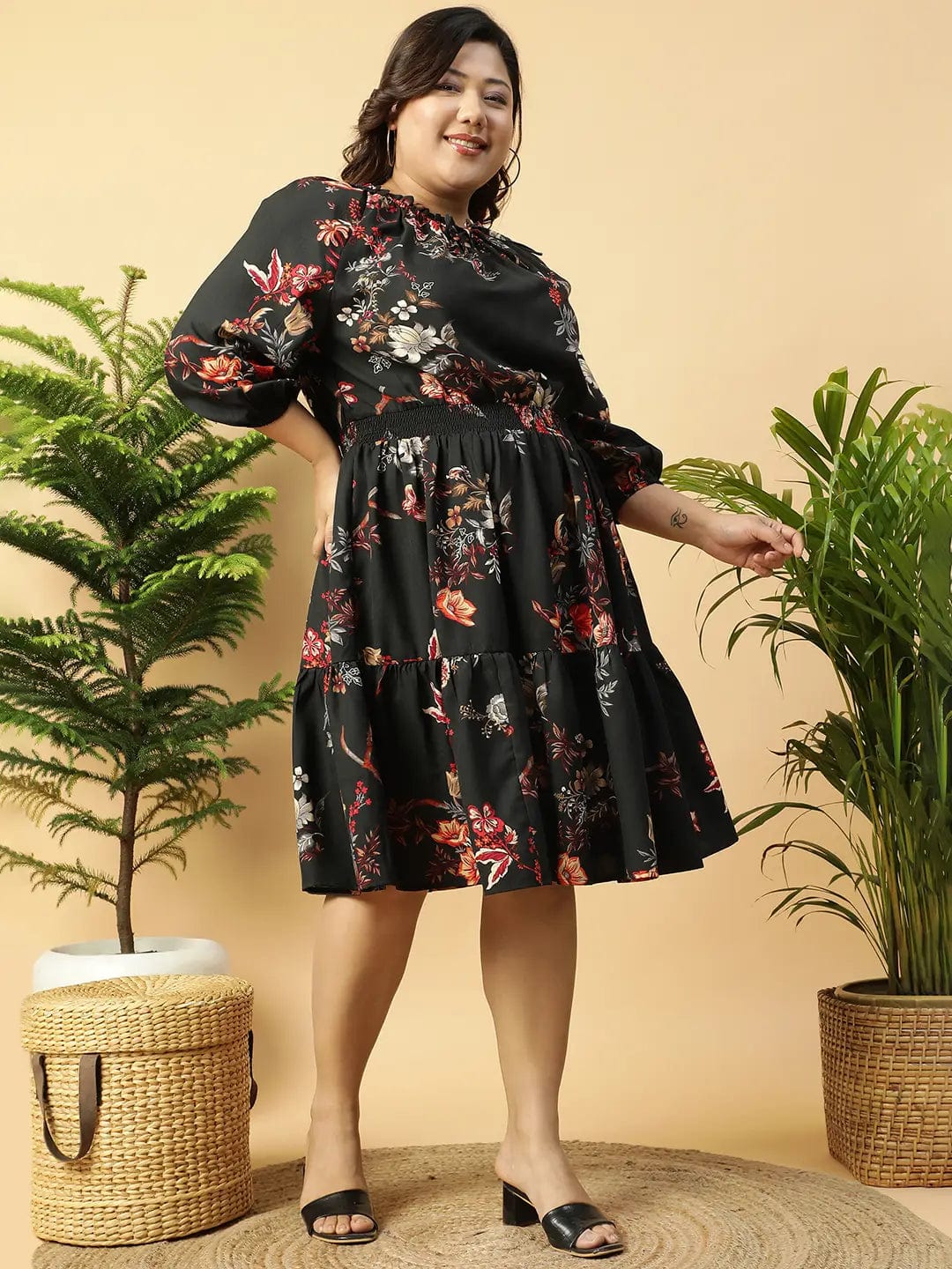 Livery Black Tropical rayon Print 3/4 Sleeve Smocked Elasticated Plus Size Women Dress