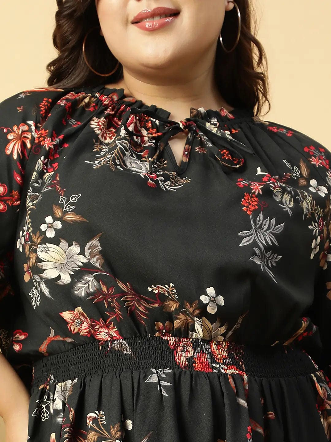 Livery Black Tropical rayon Print 3/4 Sleeve Smocked Elasticated Plus Size Women Dress