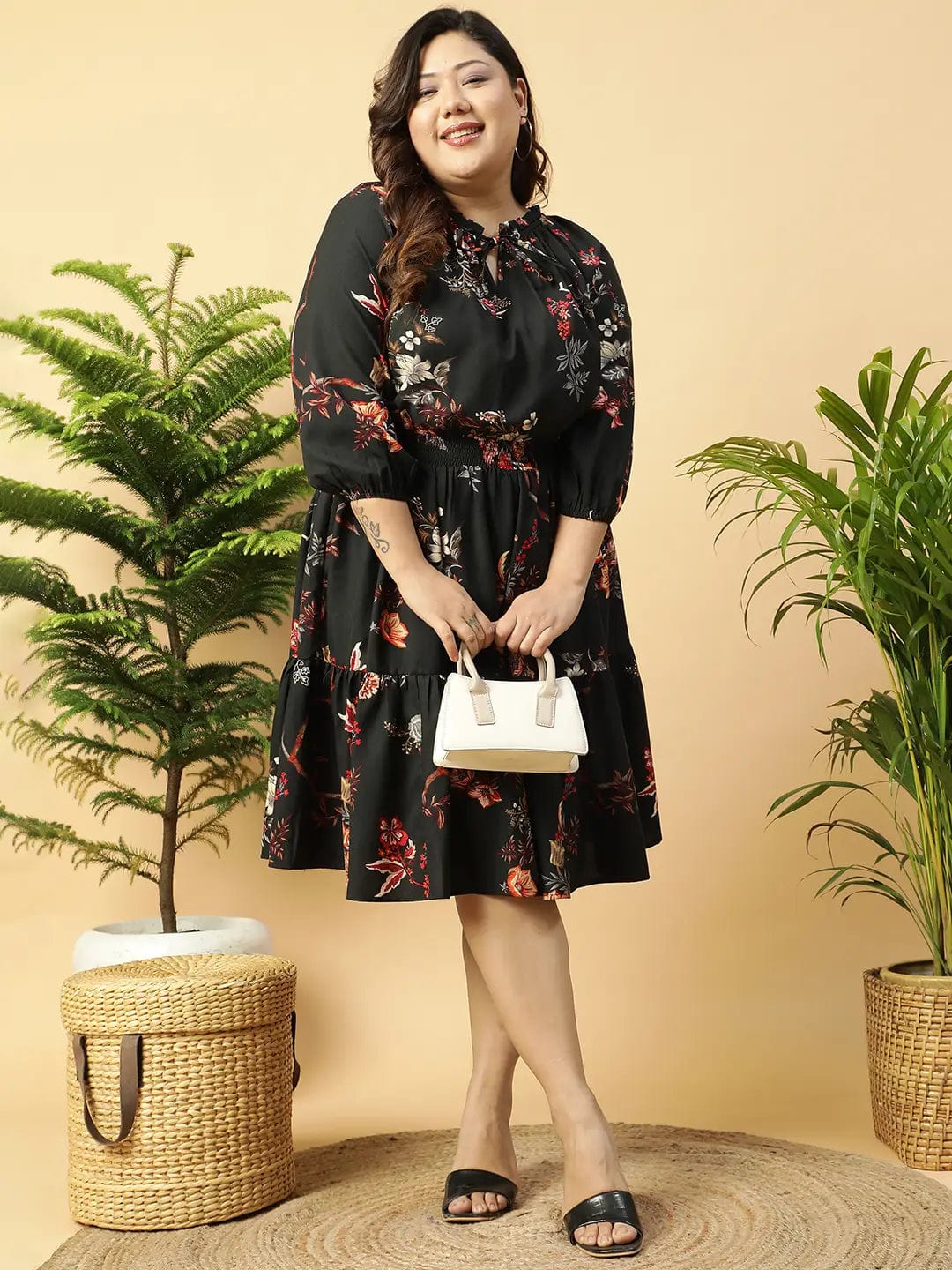 Livery Black Tropical rayon Print 3/4 Sleeve Smocked Elasticated Plus Size Women Dress