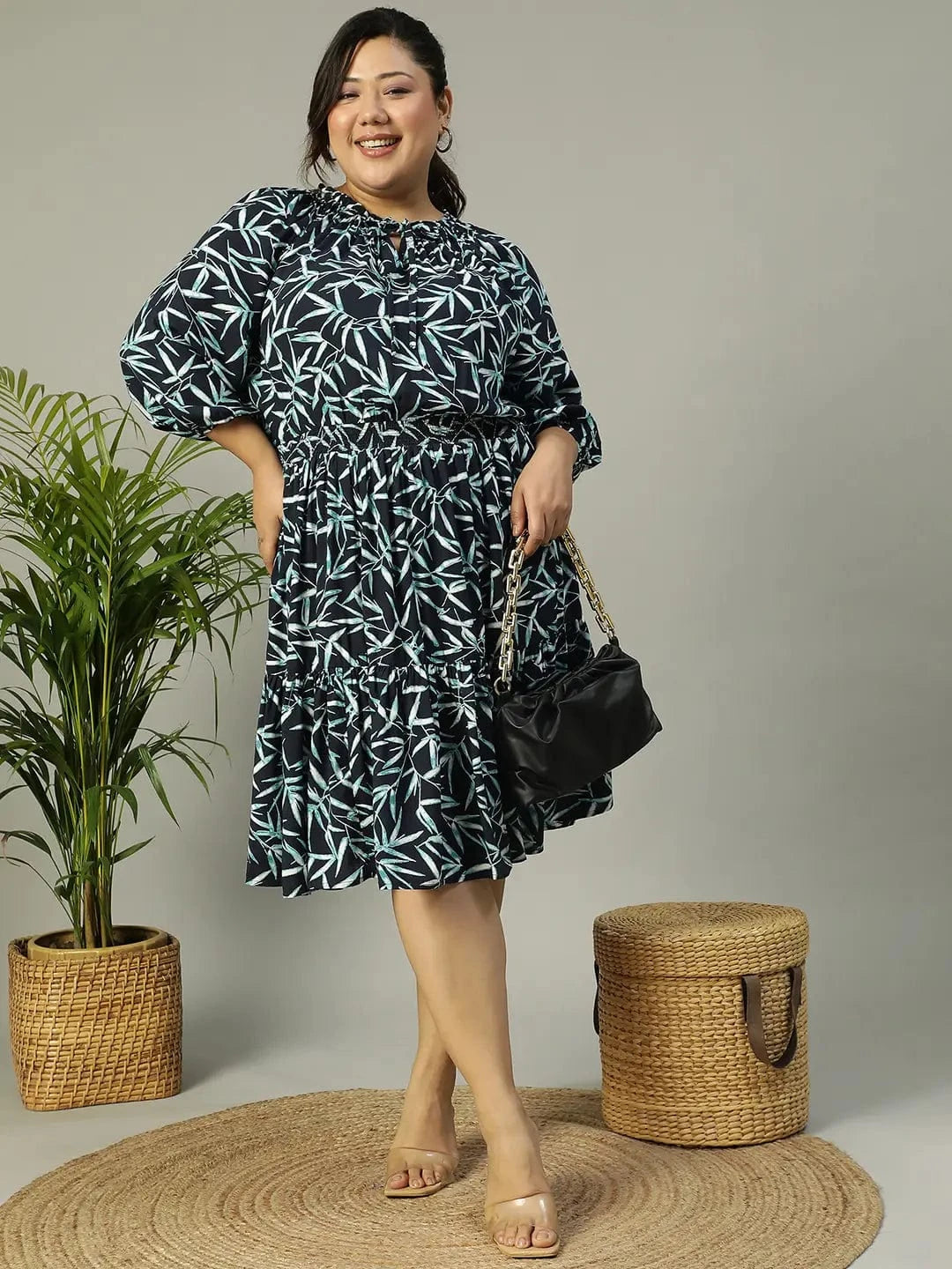 Aqua Blue Tropical rayon Print 3/4 Sleeve Smocked Elasticated Plus Size Women Dress