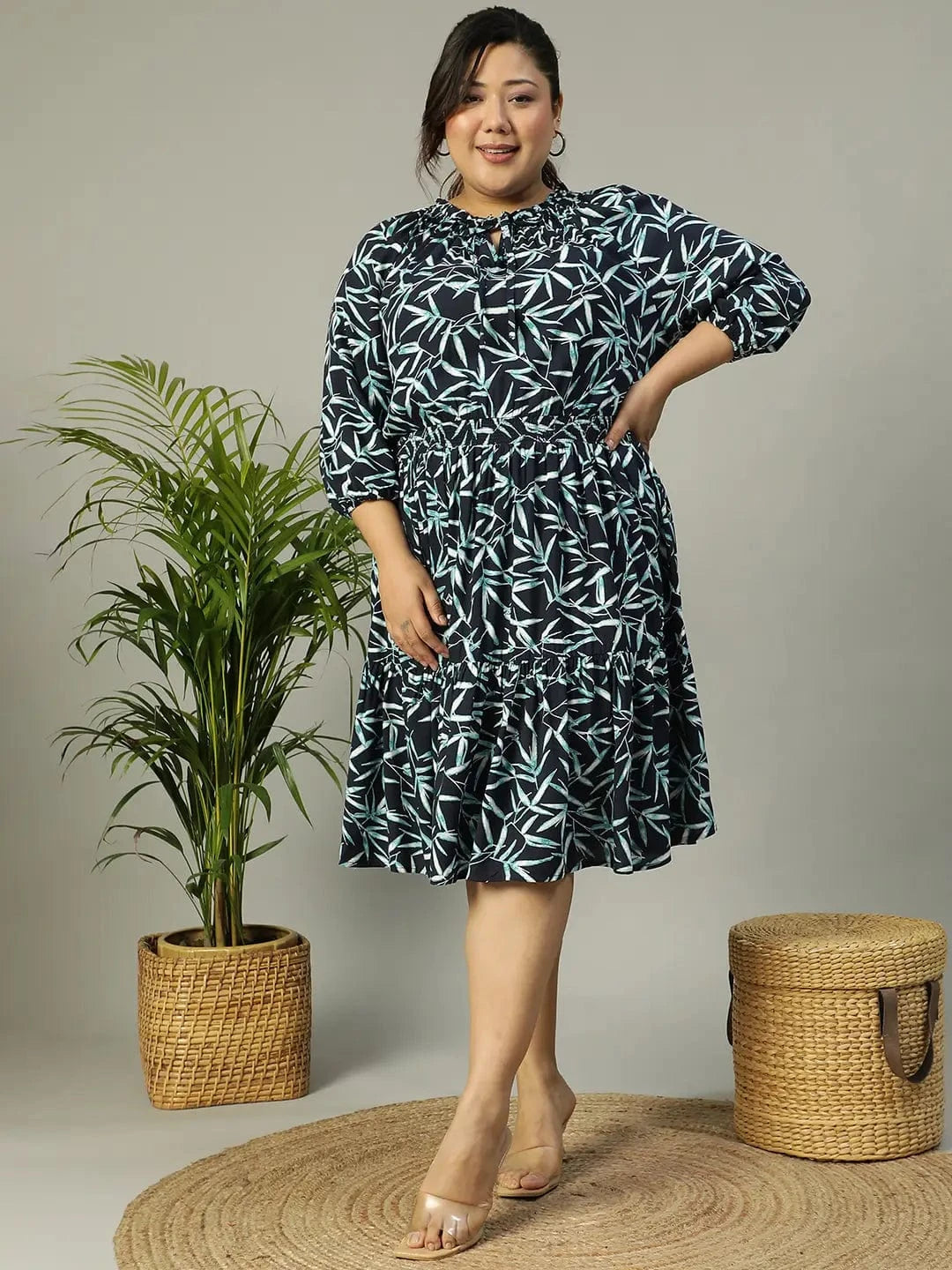 Aqua Blue Tropical rayon Print 3/4 Sleeve Smocked Elasticated Plus Size Women Dress