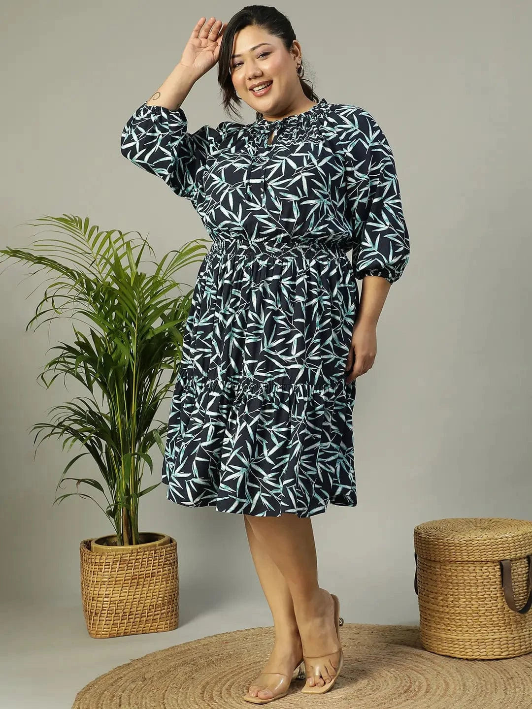 Aqua Blue Tropical rayon Print 3/4 Sleeve Smocked Elasticated Plus Size Women Dress