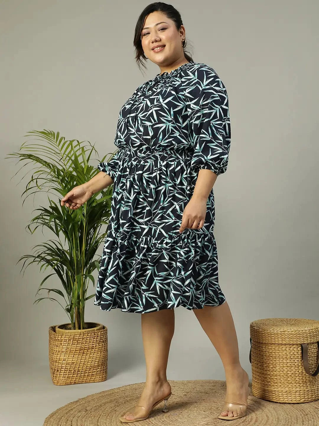 Aqua Blue Tropical rayon Print 3/4 Sleeve Smocked Elasticated Plus Size Women Dress