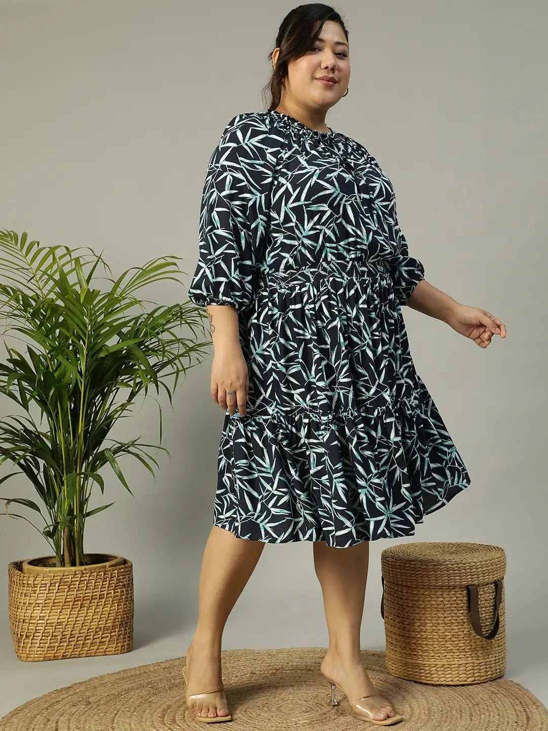 Aqua Blue Tropical rayon Print 3/4 Sleeve Smocked Elasticated Plus Size Women Dress