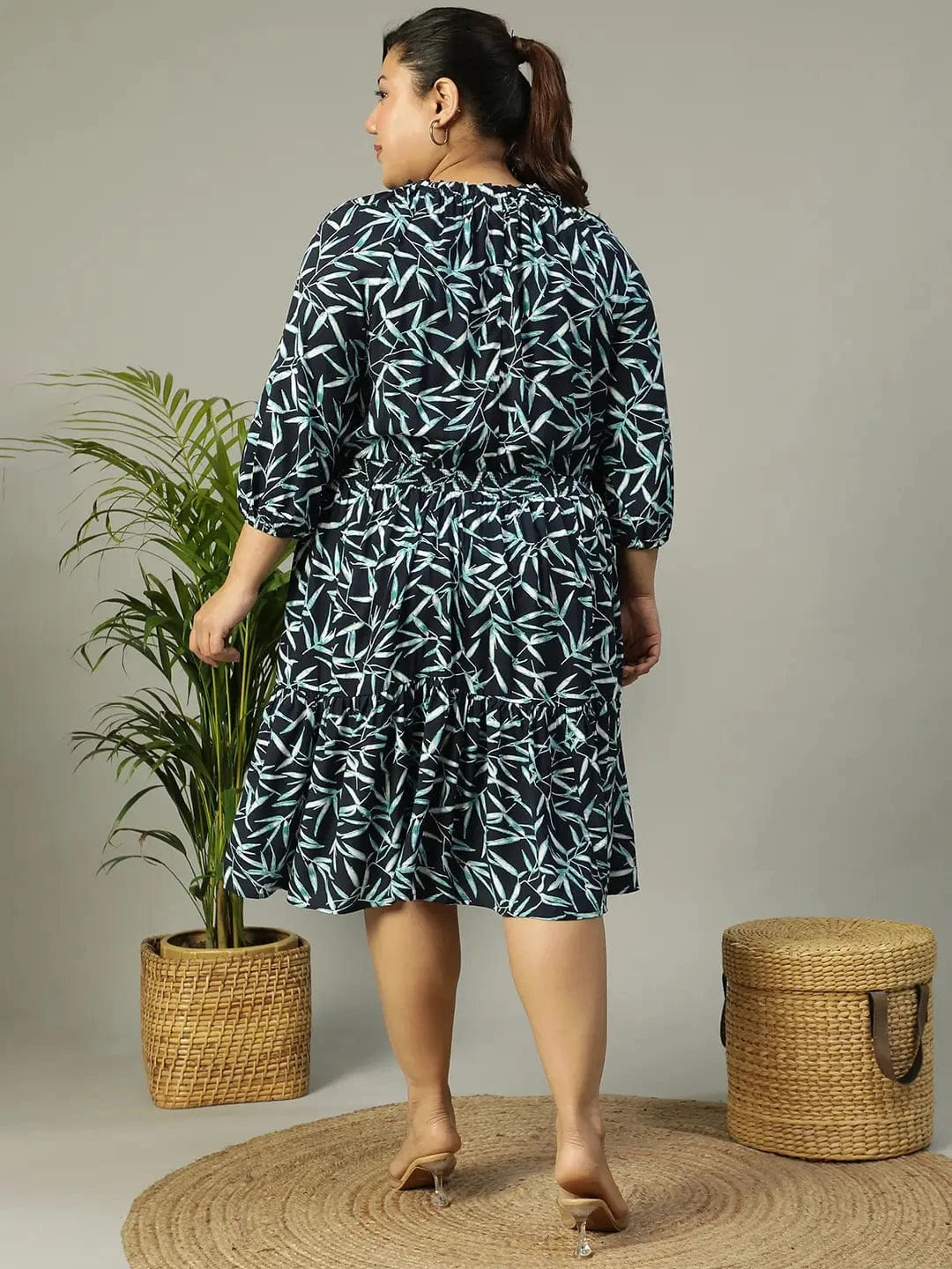 Aqua Blue Tropical rayon Print 3/4 Sleeve Smocked Elasticated Plus Size Women Dress