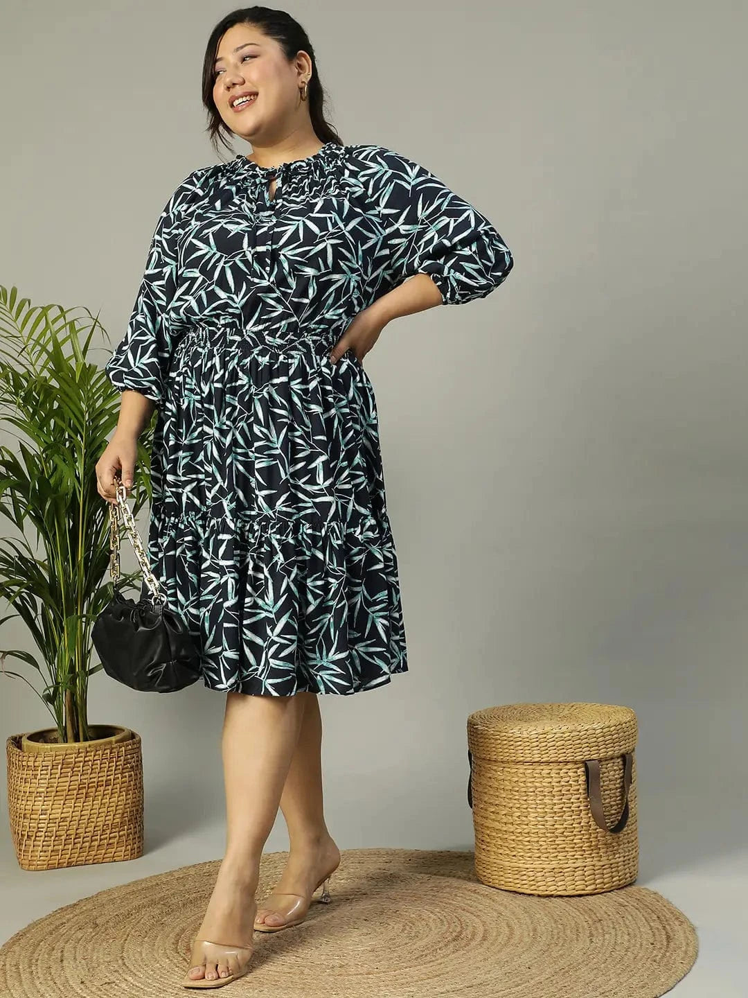 Aqua Blue Tropical rayon Print 3/4 Sleeve Smocked Elasticated Plus Size Women Dress