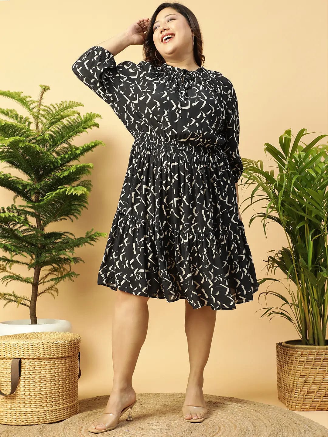 Shaped Black rayon Printed 3/4 Sleeve Smocked Elasticated Plus Size Women Dress