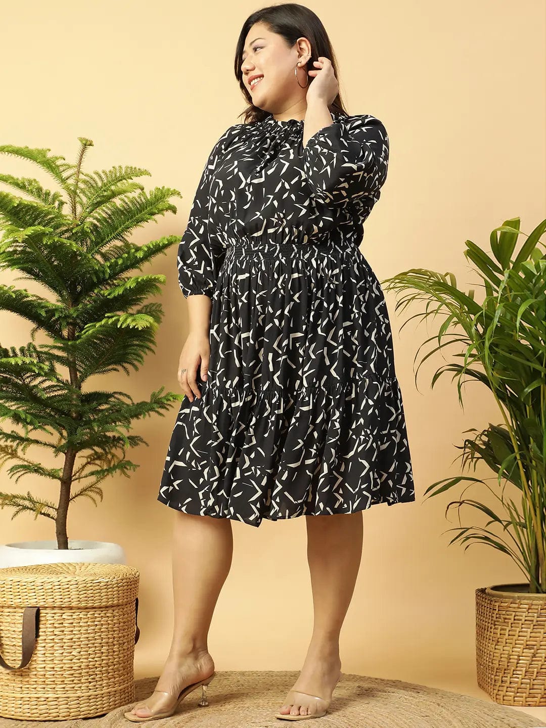 Shaped Black rayon Printed 3/4 Sleeve Smocked Elasticated Plus Size Women Dress