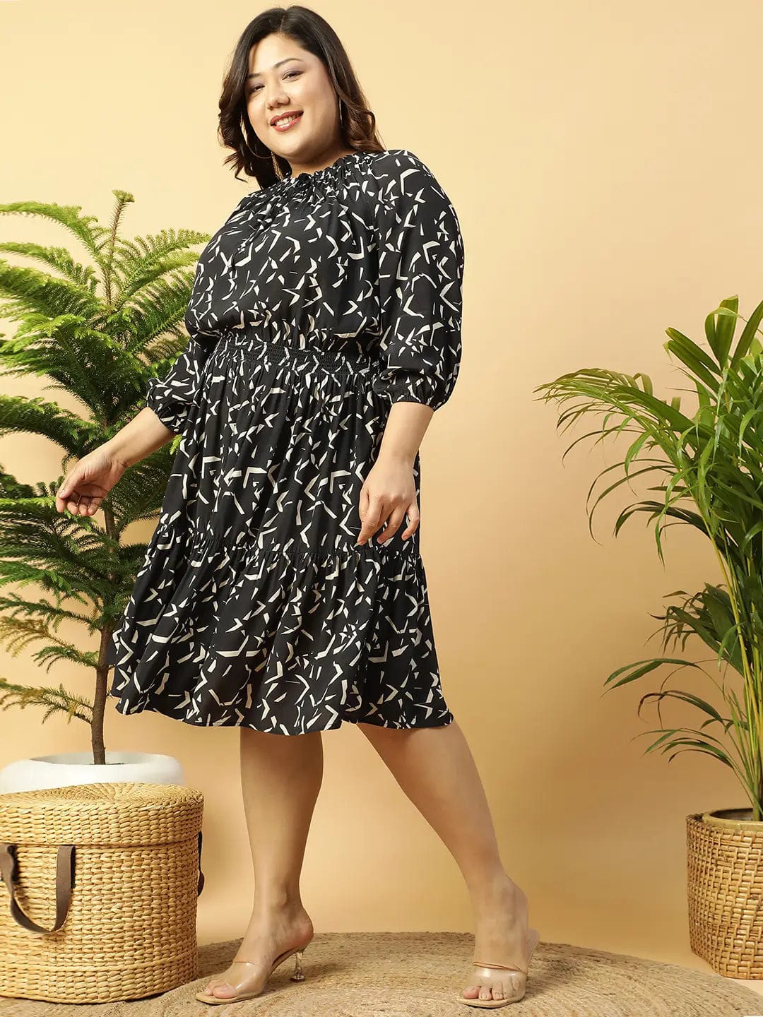 Shaped Black rayon Printed 3/4 Sleeve Smocked Elasticated Plus Size Women Dress