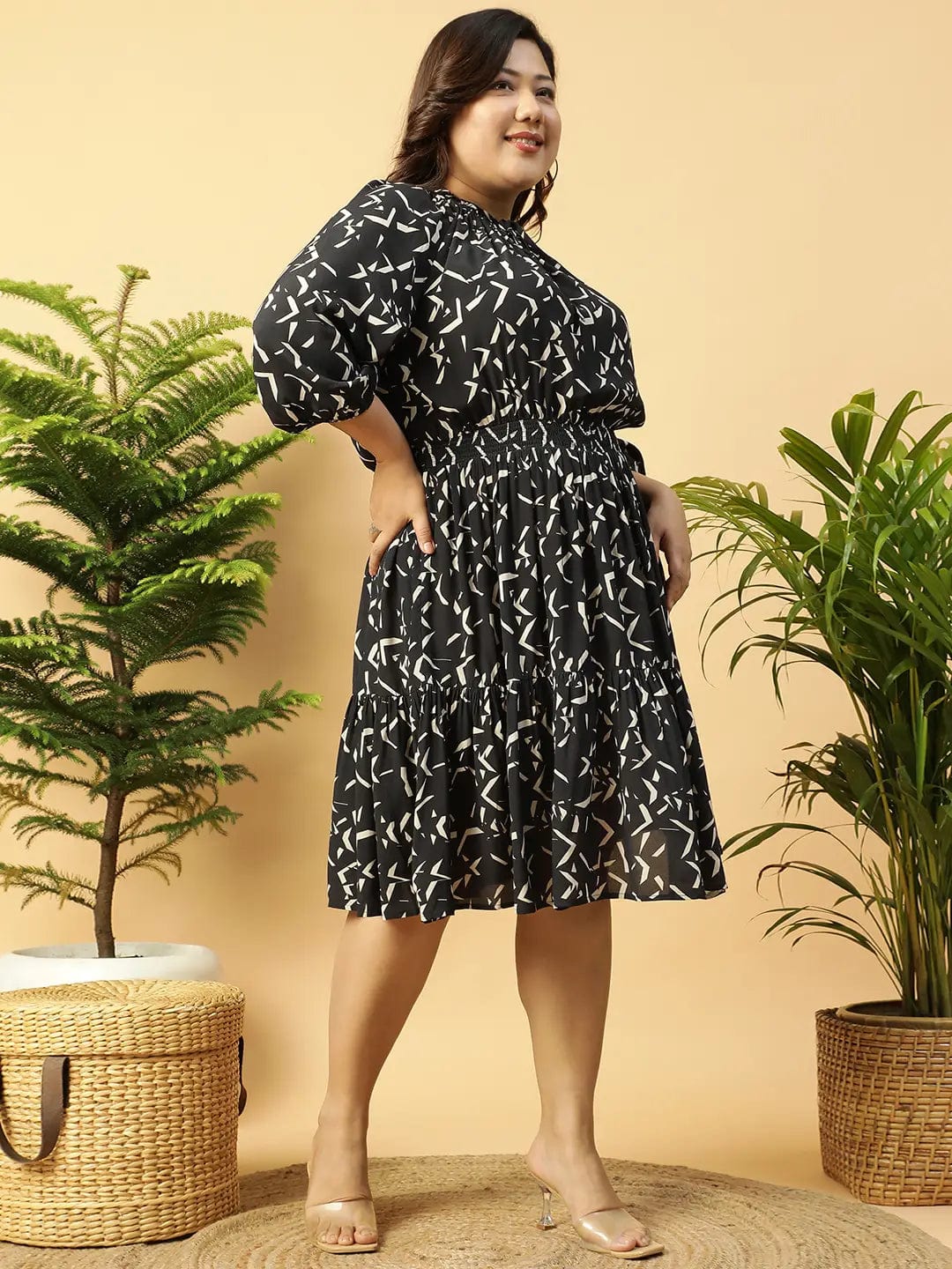 Shaped Black rayon Printed 3/4 Sleeve Smocked Elasticated Plus Size Women Dress