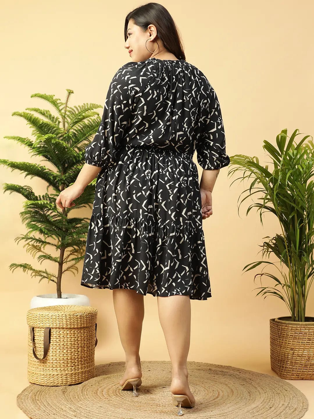 Shaped Black rayon Printed 3/4 Sleeve Smocked Elasticated Plus Size Women Dress