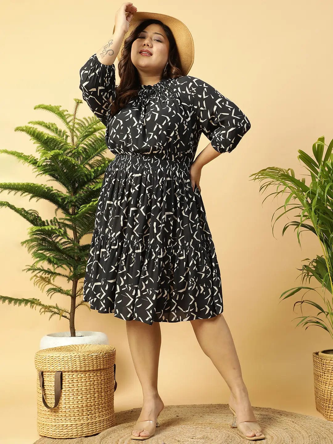 Shaped Black rayon Printed 3/4 Sleeve Smocked Elasticated Plus Size Women Dress