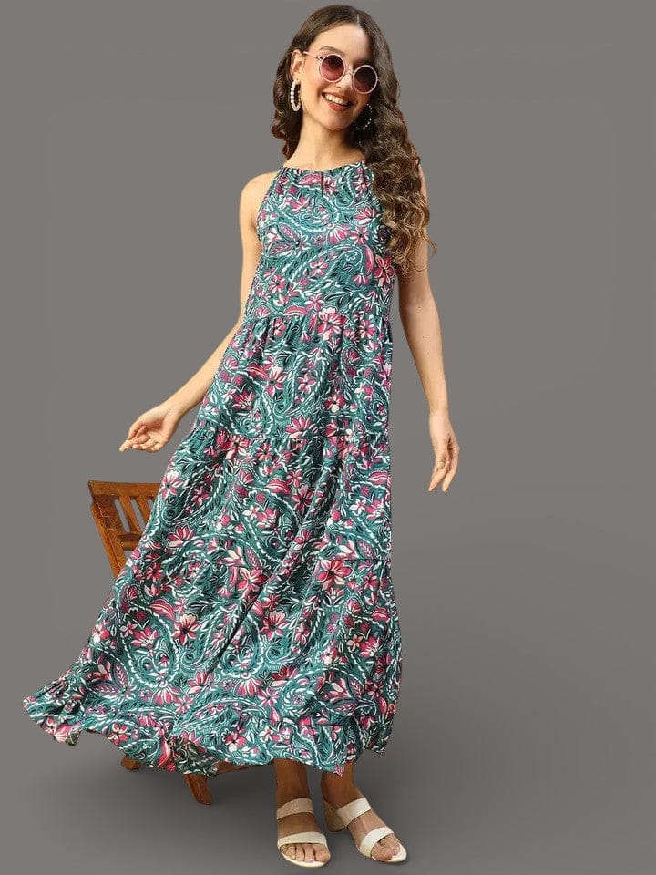 Floral Maxi Dress - Multicolor Shoulder Strap Long Flare Polyester Gown