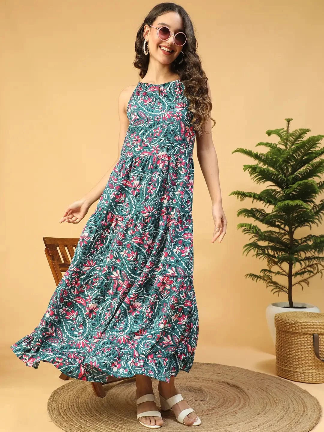 Multicolor Floral Print  Shoulder Strap Long Flare Maxi Women Dress