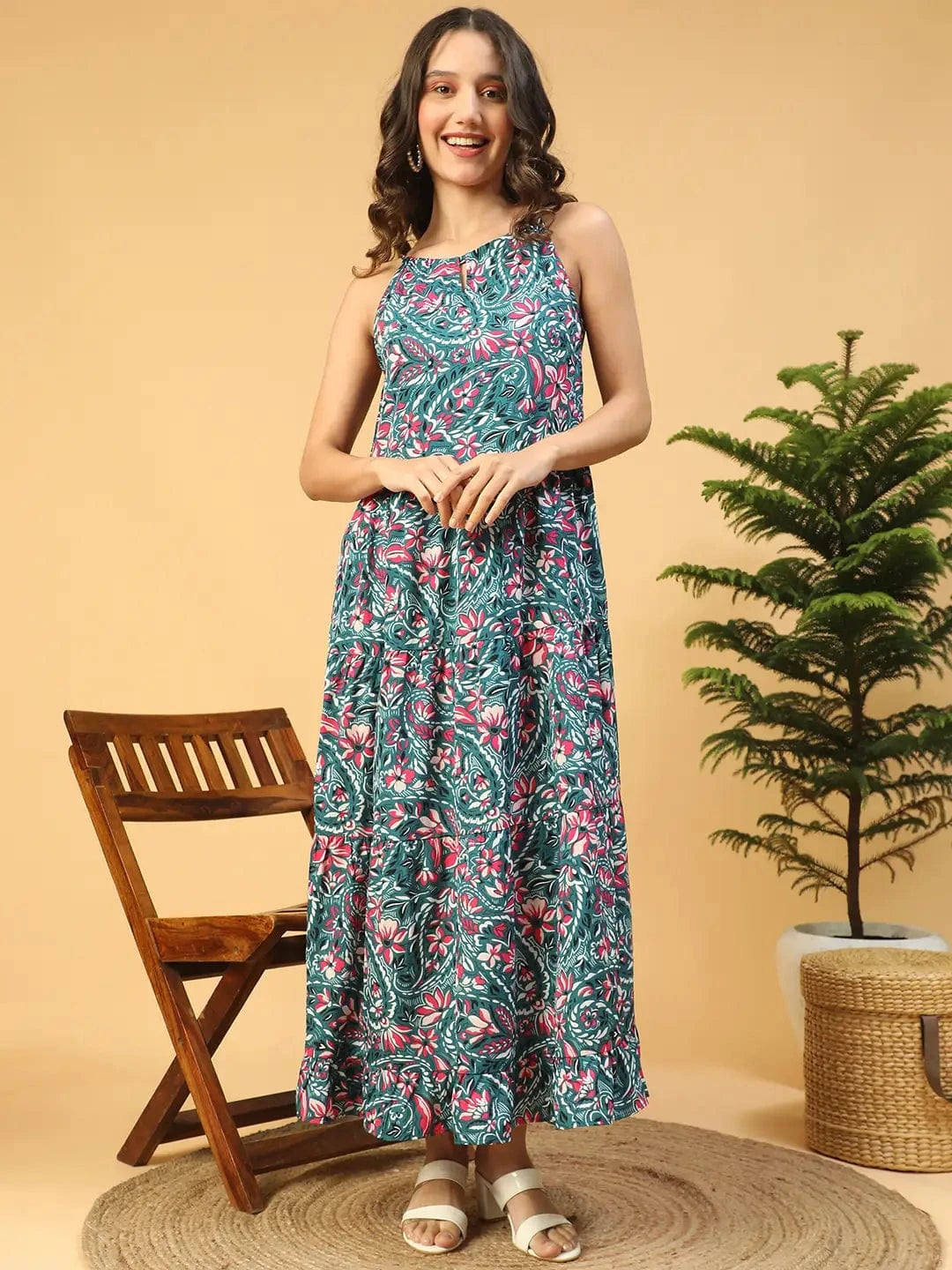 Multicolor Floral Print  Shoulder Strap Long Flare Maxi Women Dress