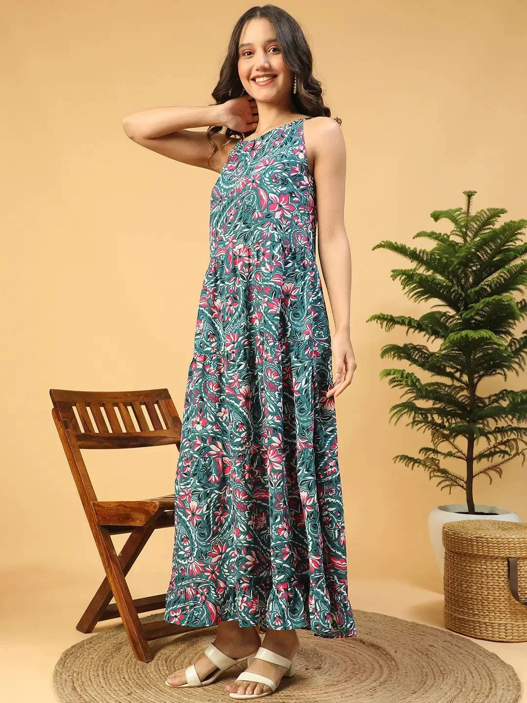 Multicolor Floral Print  Shoulder Strap Long Flare Maxi Women Dress