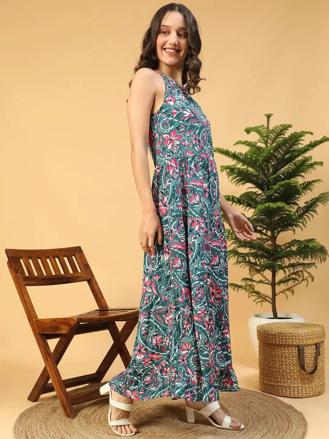 Multicolor Floral Print  Shoulder Strap Long Flare Maxi Women Dress