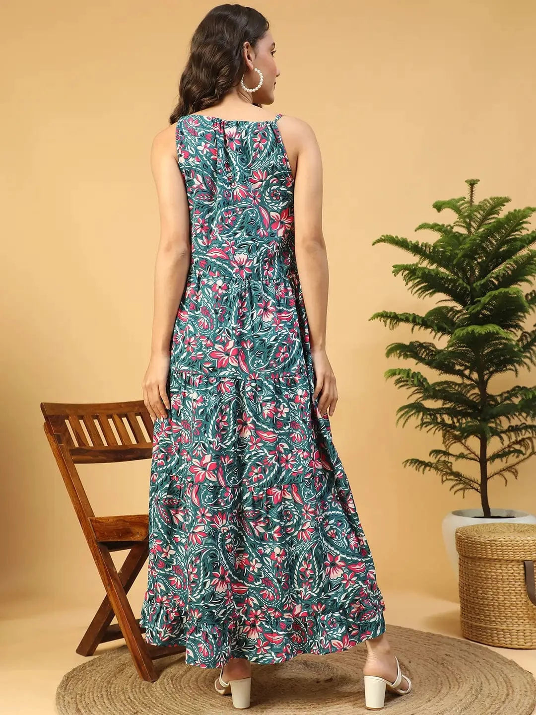 Multicolor Floral Print  Shoulder Strap Long Flare Maxi Women Dress