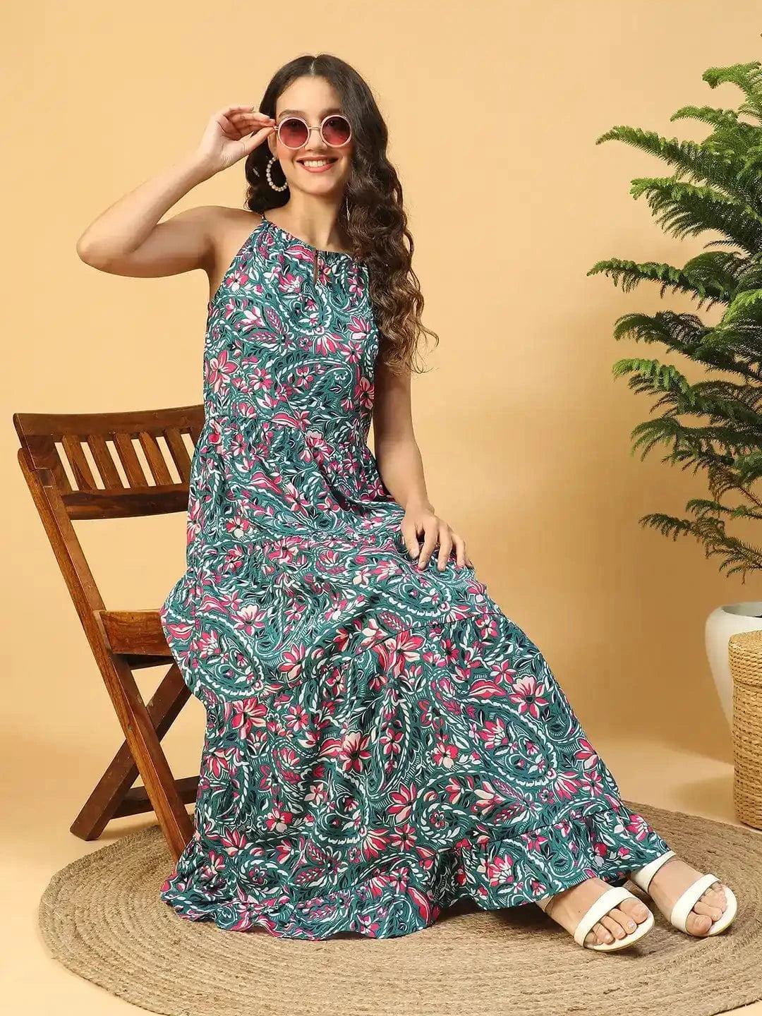 Multicolor Floral Print  Shoulder Strap Long Flare Maxi Women Dress