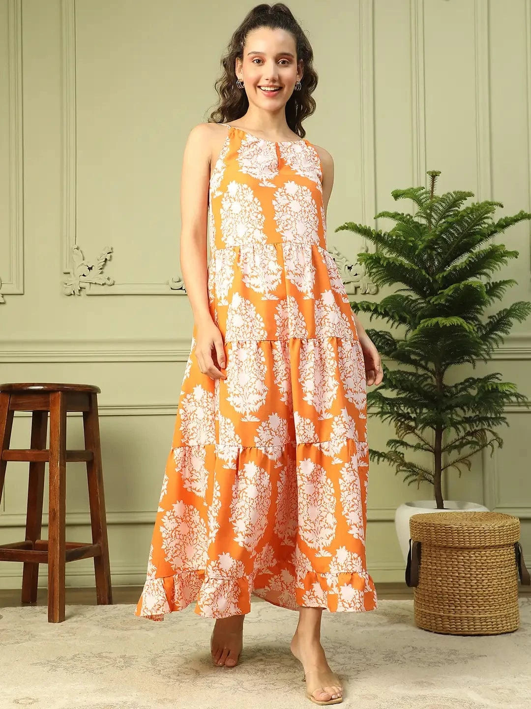 Glamorized Orange Tropical Print Shoulder Strap Long Flare Maxi Women Dress