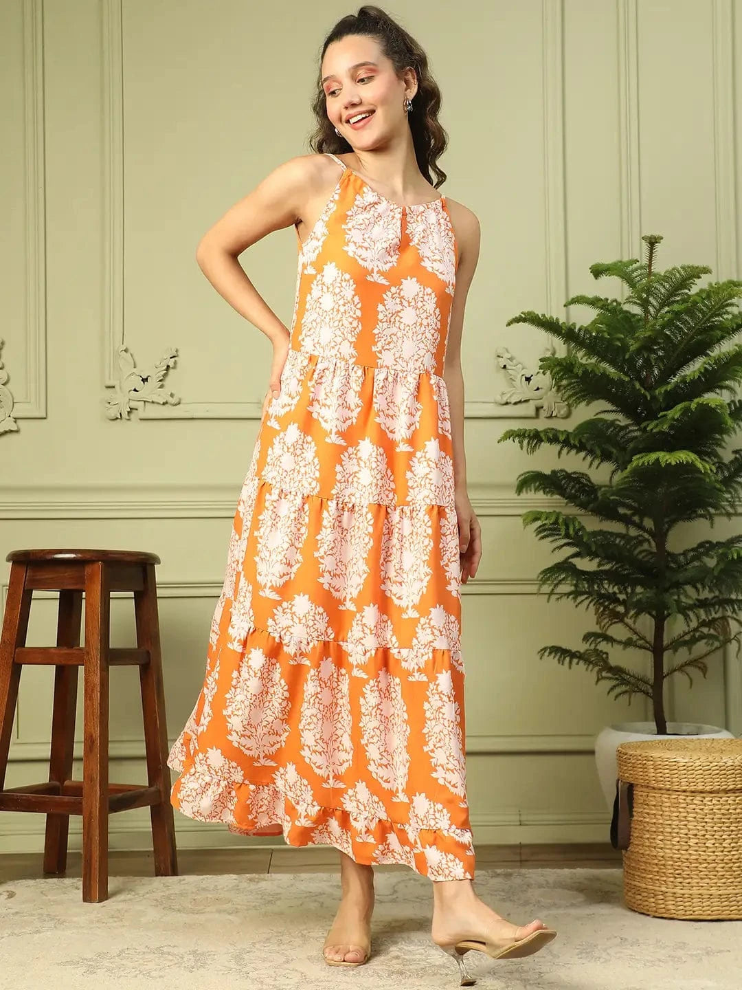 Glamorized Orange Tropical Print Shoulder Strap Long Flare Maxi Women Dress