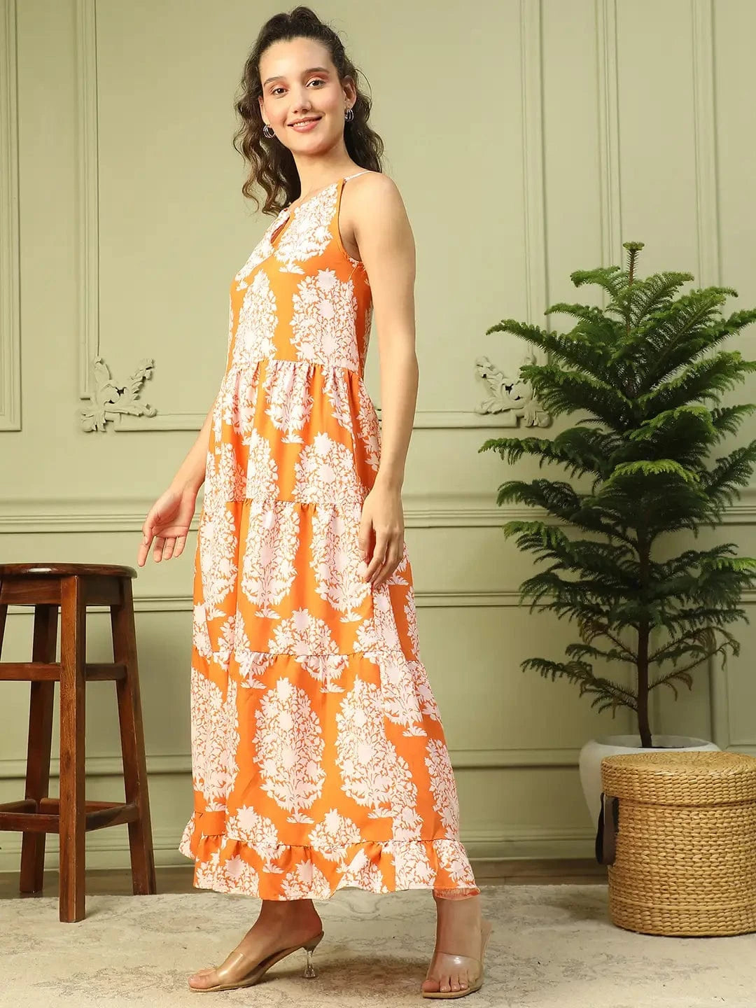 Glamorized Orange Tropical Print Shoulder Strap Long Flare Maxi Women Dress