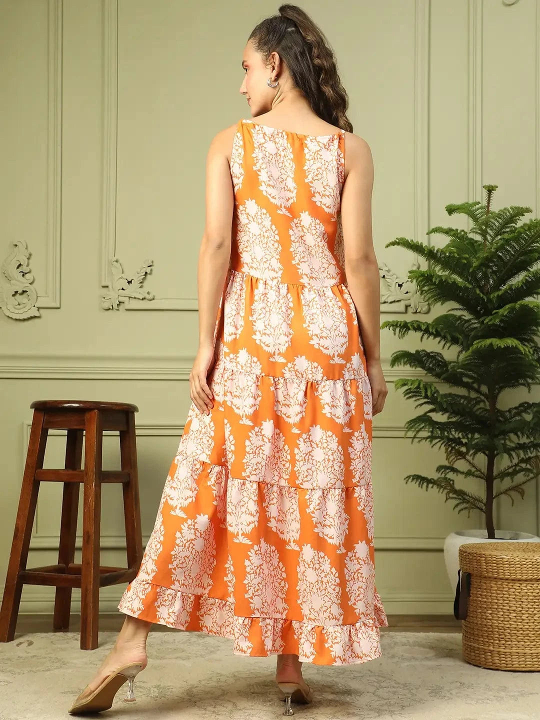 Glamorized Orange Tropical Print Shoulder Strap Long Flare Maxi Women Dress