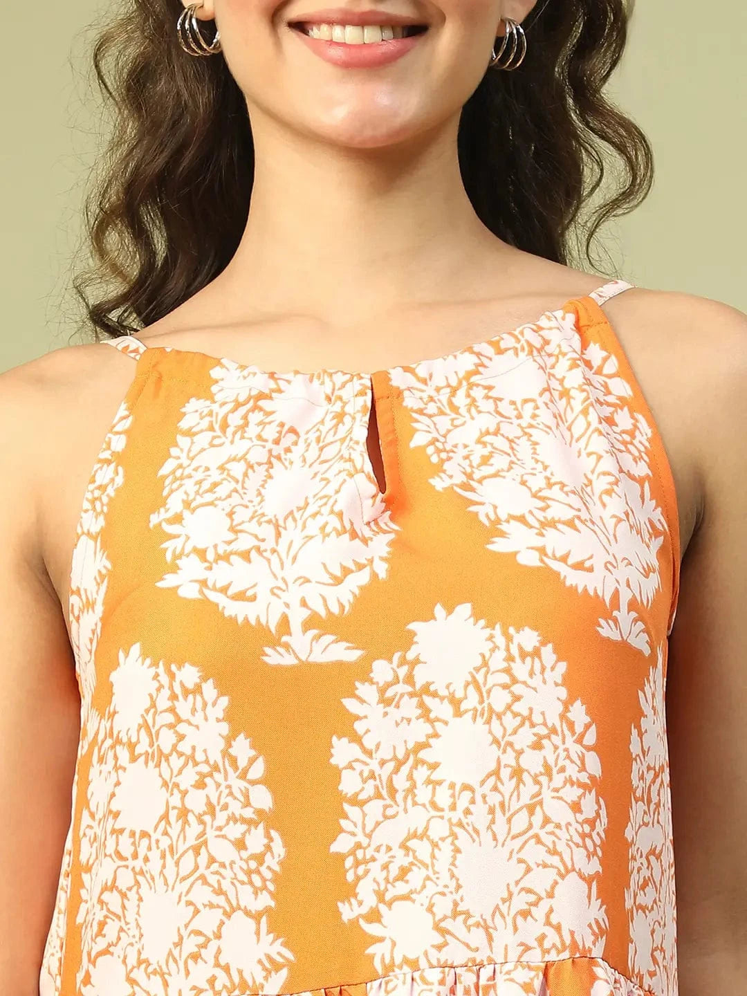 Glamorized Orange Tropical Print Shoulder Strap Long Flare Maxi Women Dress