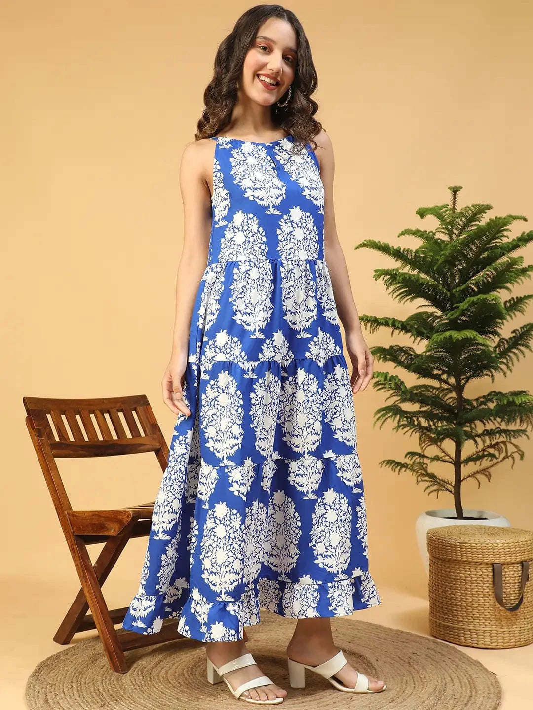 Flashy Blue Tropical Print Shoulder Strap Long Flare Maxi Women Dress