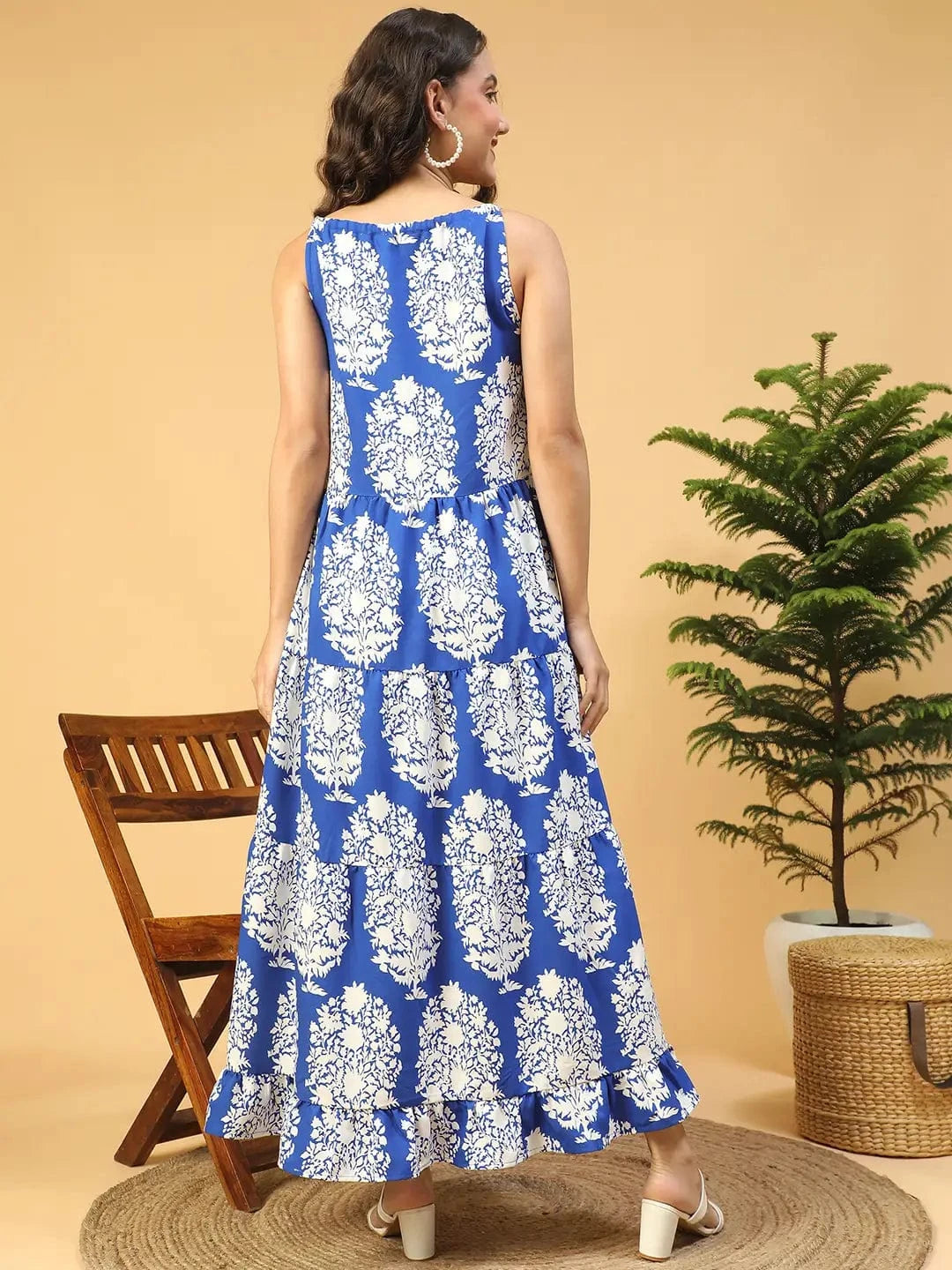 Flashy Blue Tropical Print Shoulder Strap Long Flare Maxi Women Dress