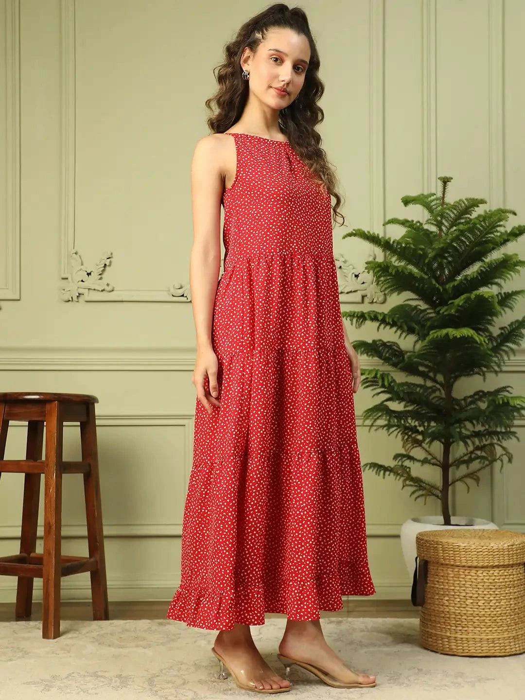 Expressive Red Polka Dot Print  Shoulder Strap Long Flare Maxi Women Dress