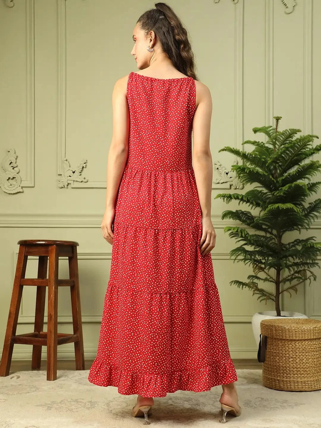 Expressive Red Polka Dot Print  Shoulder Strap Long Flare Maxi Women Dress