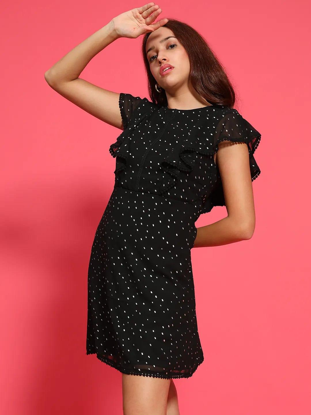 Glitter Black Short Sleeve Foil Print Knee Length Women Dress