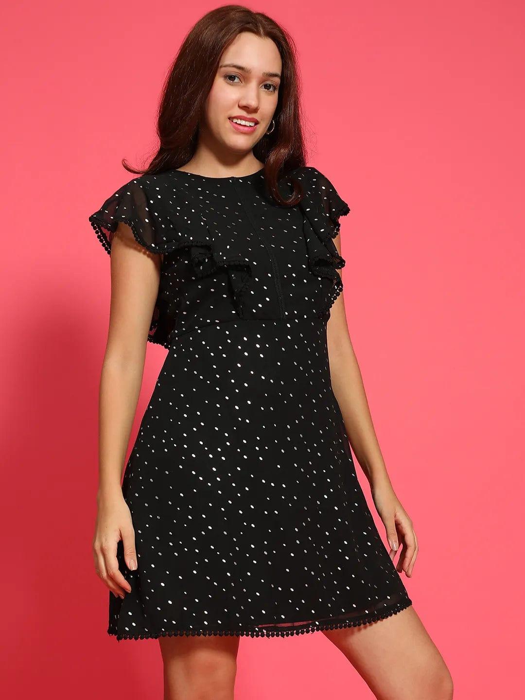 Glitter Black Short Sleeve Foil Print Knee Length Women Dress