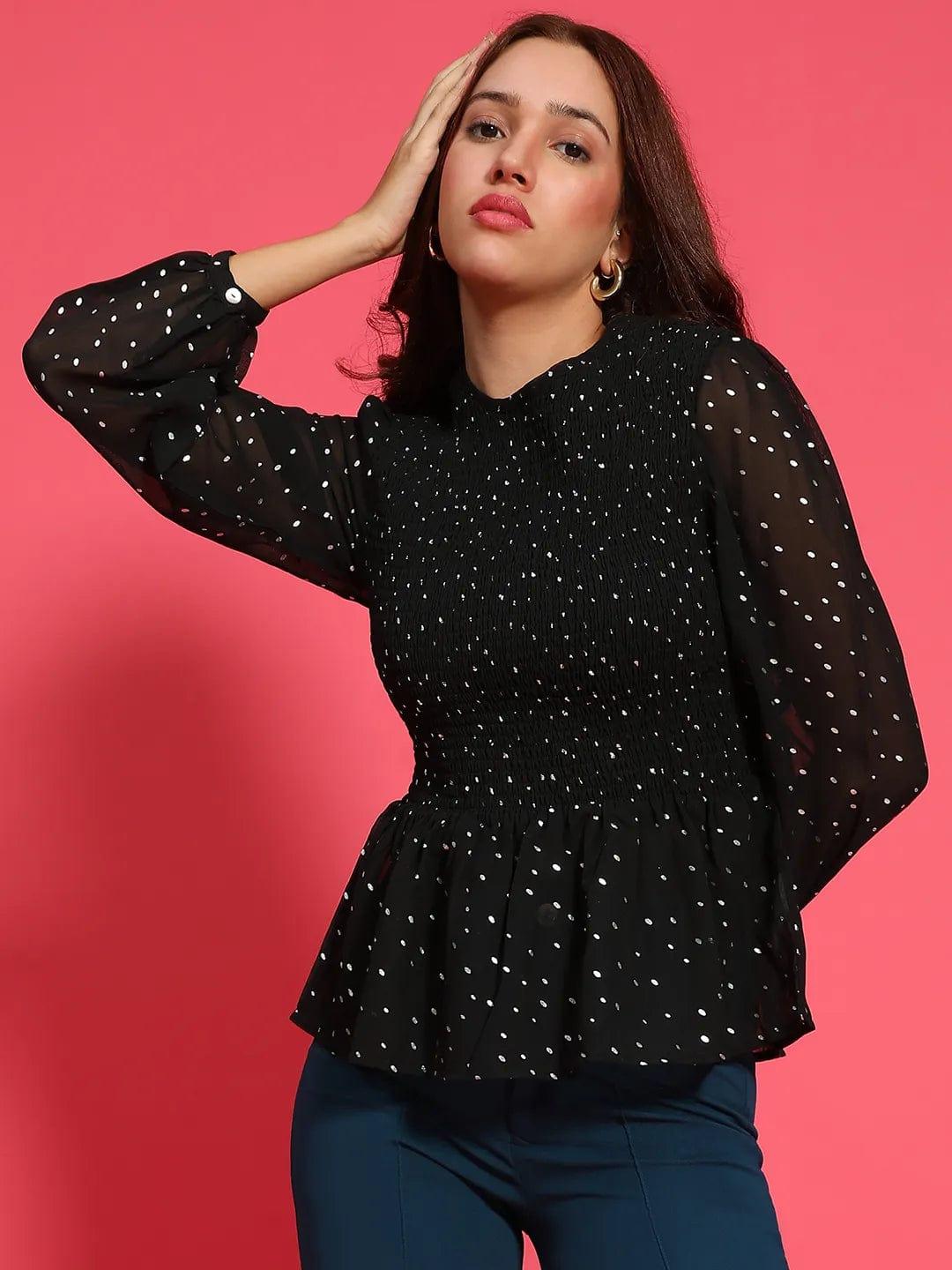 Shiny Black Long Sleeve Smocked Women Peplum Top oxolloxo