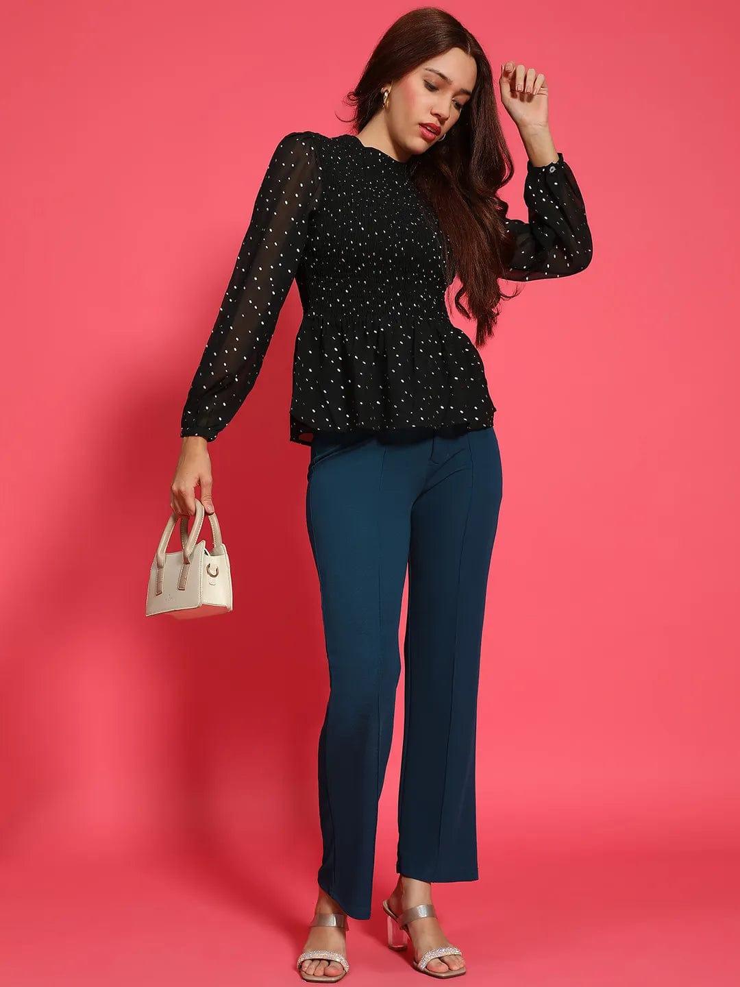 Shiny Black Long Sleeve Smocked  Women Peplum Top