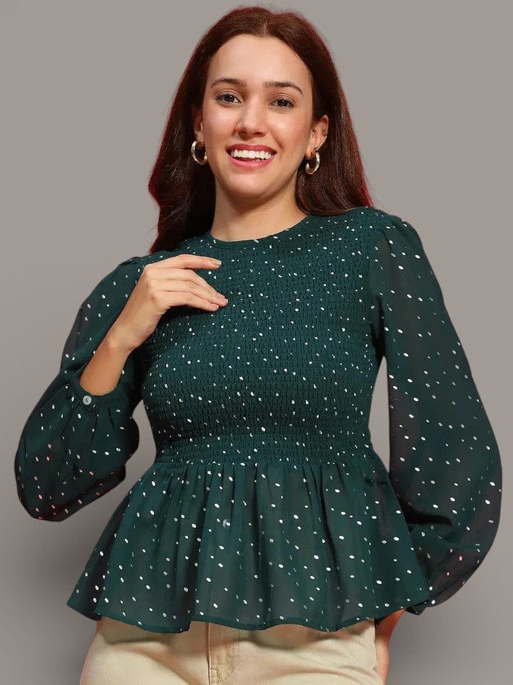 Smocked Peplum Top - Green Long Sleeve Women's Crop Top With Foil Print