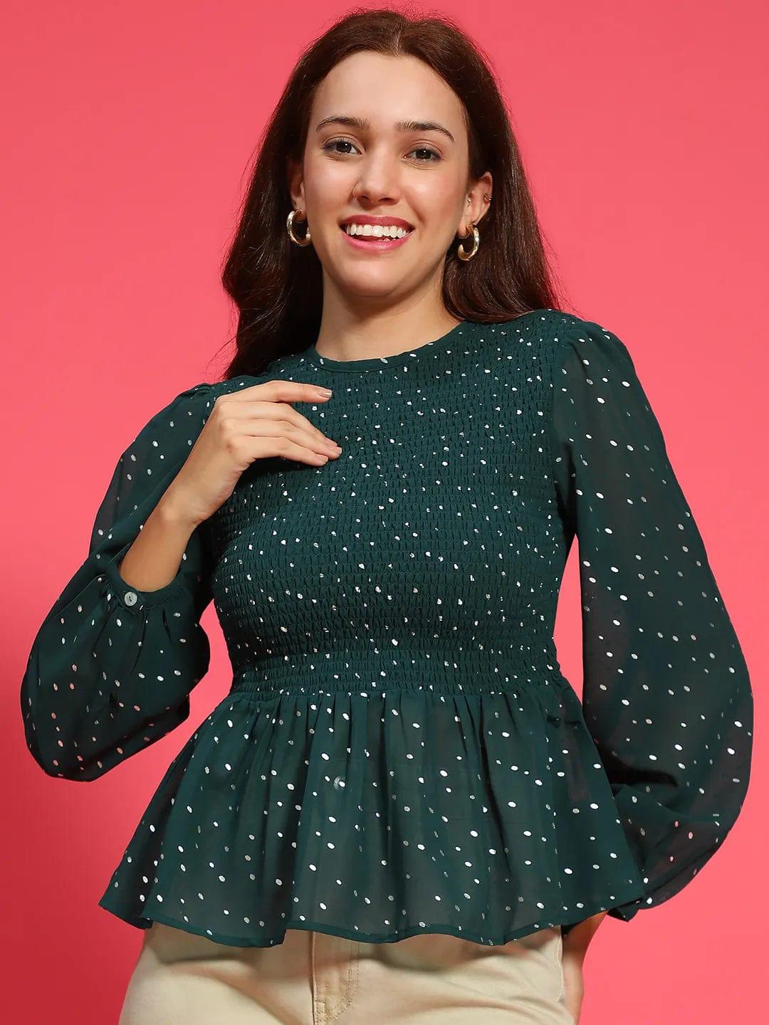 Styler Green Long Sleeve Smocked  Women Peplum Top