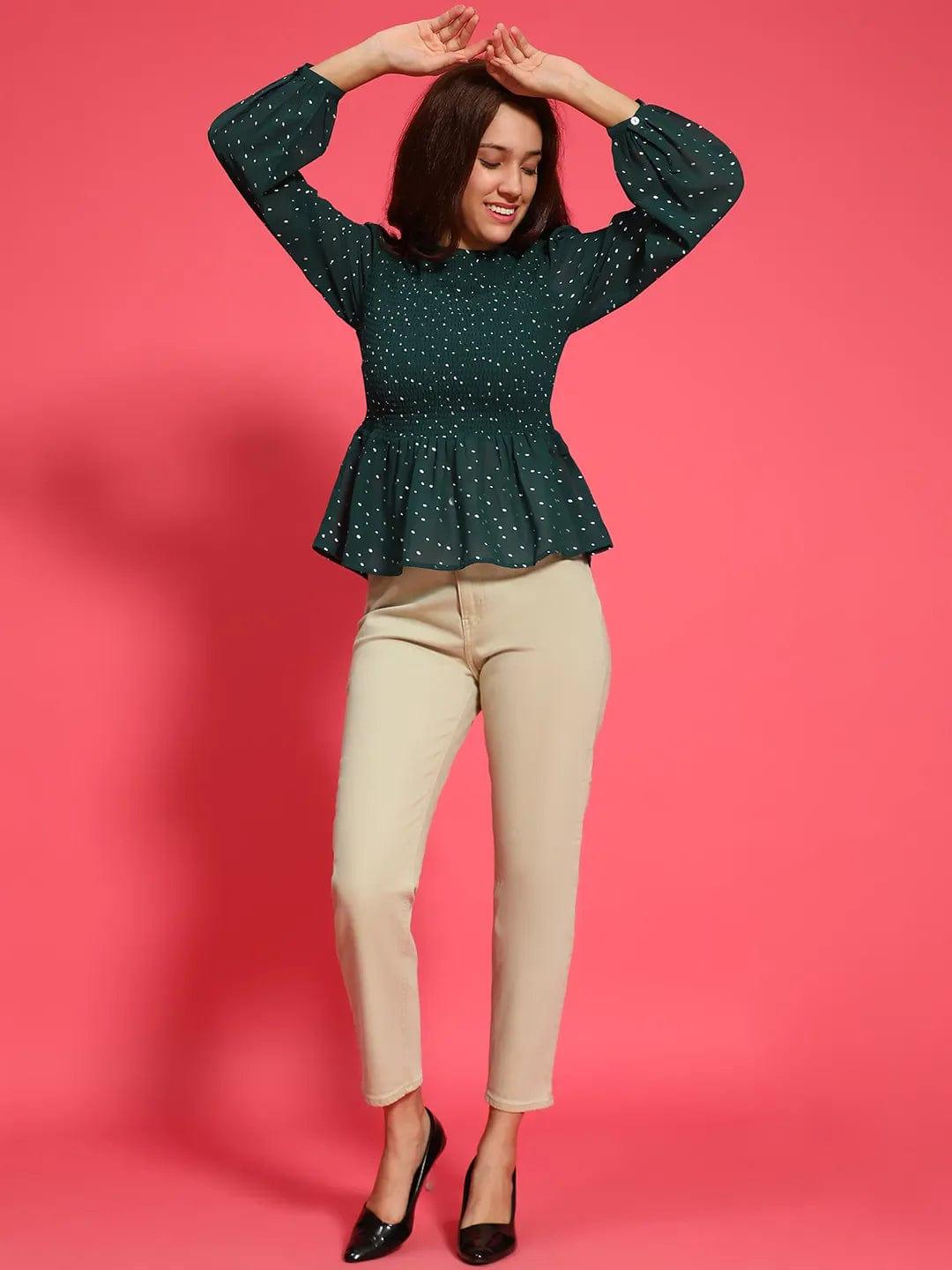 Styler Green Long Sleeve Smocked  Women Peplum Top