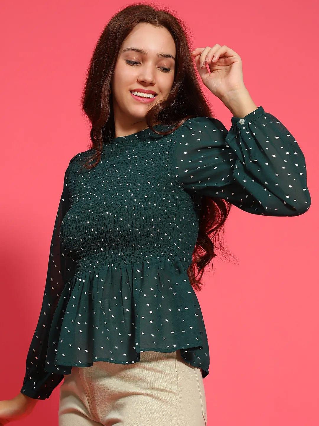 Styler Green Long Sleeve Smocked  Women Peplum Top