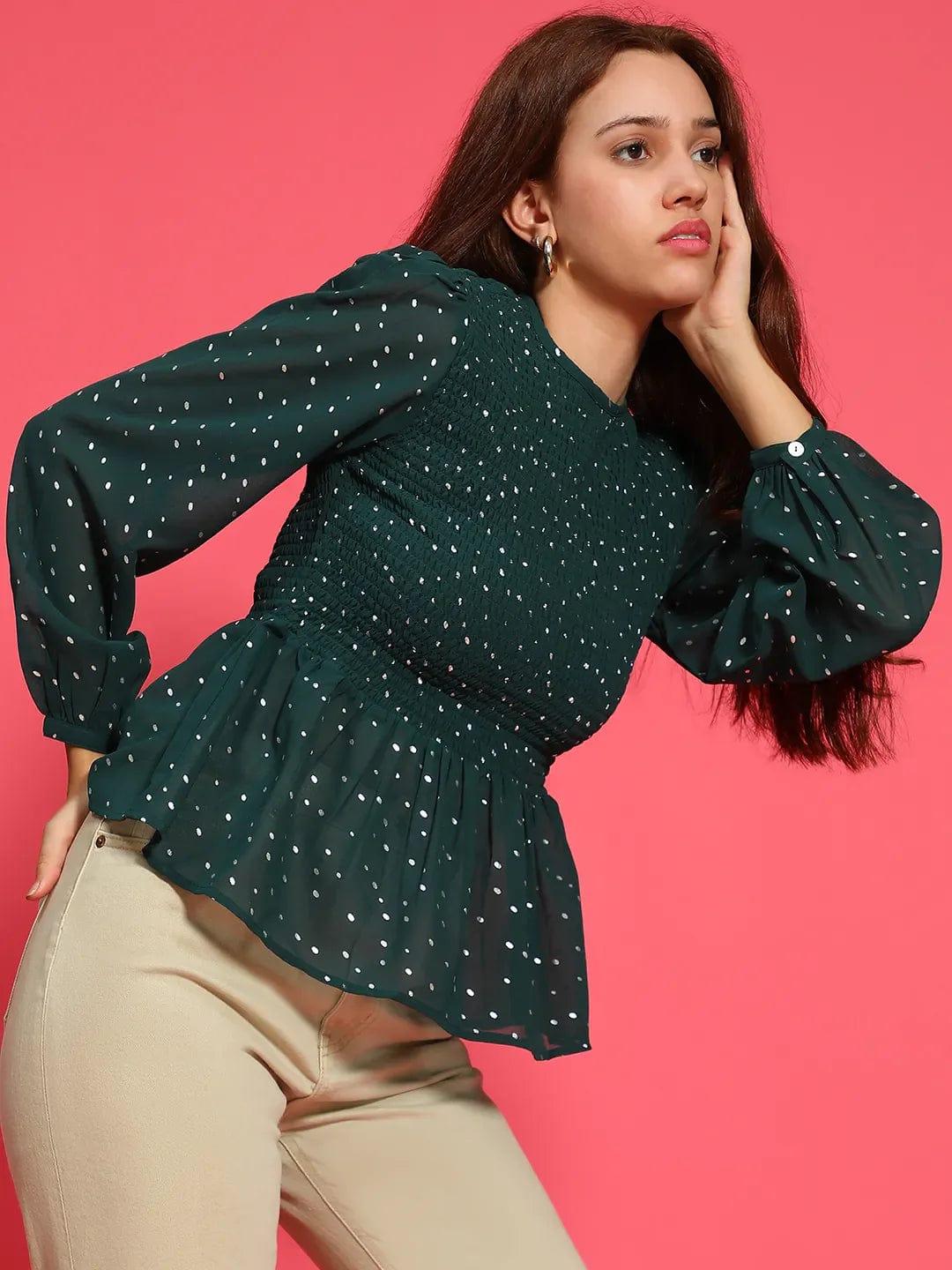 Styler Green Long Sleeve Smocked  Women Peplum Top